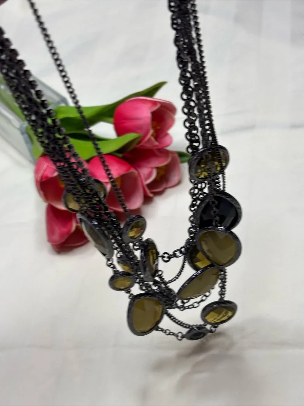 Multi-Strand Layered Station Necklace - Olive Green & Gunmetal Chains